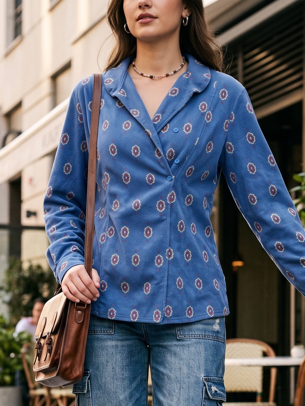 Eddie Bauer Vintage Top Blue Fleece Flannel Half Button-Front Blouse Small